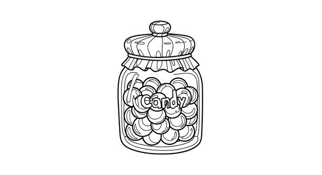 Hand drawn coloring page of a glass candy jar filled with round sweets.