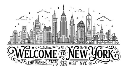 Fototapeta premium New York City Skyline Hand-Drawn Illustration Welcome to New York Art