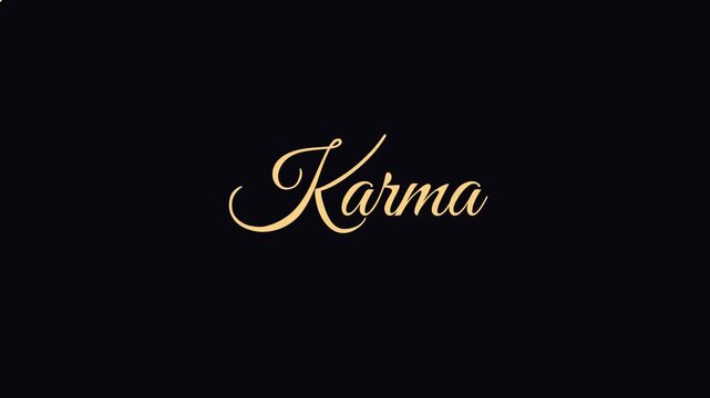 Karma typography animation on minimalist 4k black background, script calligraphy lettering