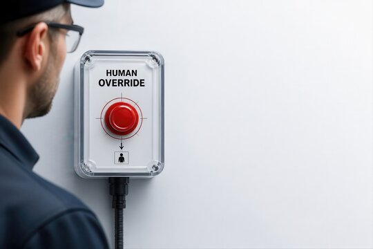 Emergency override button on white wall with man studying the control panel