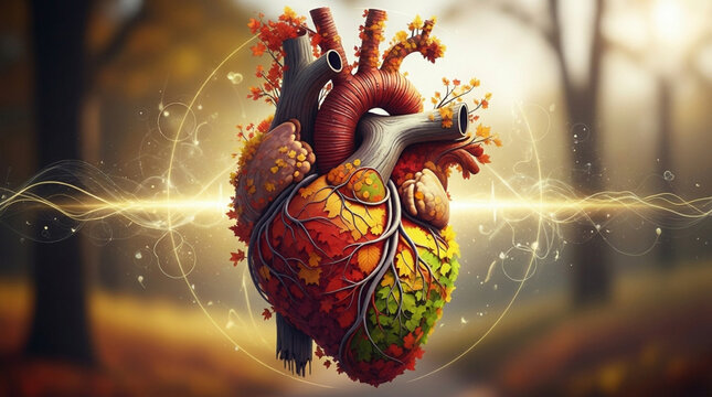 Autumnal heart with fall leaves and glowing energy