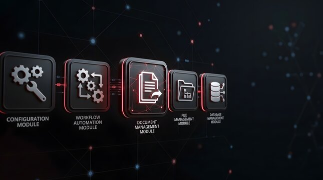 Document management system interface with glowing workflow automation and file database modules for enterprise software