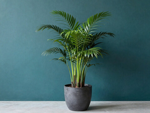 A lush green potted plant is positioned on the left side of the frame, occupying the lower-left quadrant