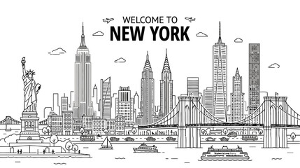 Obraz premium New York City Skyline Outline Illustration - Iconic Landmarks & Bridges
