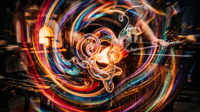 Abstract Glassblowing Art with Vibrant Swirling Colors and Flowing Molten Shapes