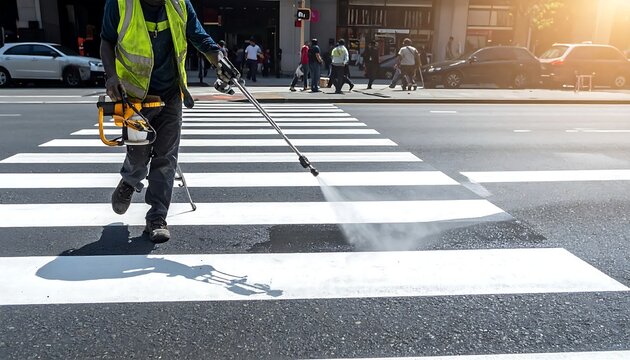Safety Vest Worker Painting Zebra Crossing on Busy City Street