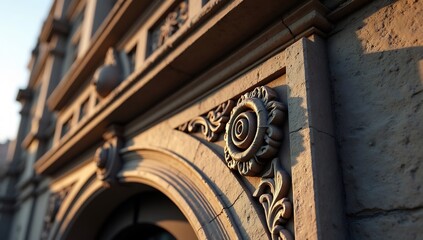 Obraz premium Ornate Historic Stone Facade Glowing in Warm Evening Sunlight