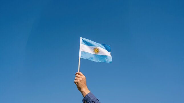 hand holding Argentina flag on nature background. 9th July of Independence day, 25th May of Revolution day and happy celebration concepts