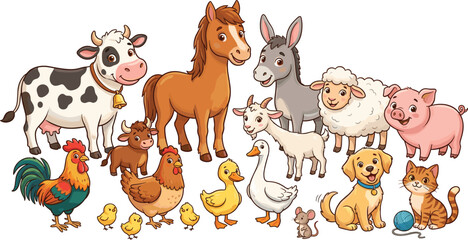 Fototapeta premium Cute Farm Animal Collection with Cow Horse Donkey Sheep Pig Goat Chickens Ducks Dog Cat and Rabbit Vector Illustration Set