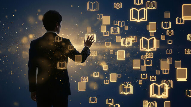 金色に輝く書籍アイコンがビジネスマンを取り囲みずらりと並ぶデジタル図書館の一枚です。知への手を伸ばす姿から絶えざる学習意欲とキャリア成長への確かな歩みが伝わってきます。