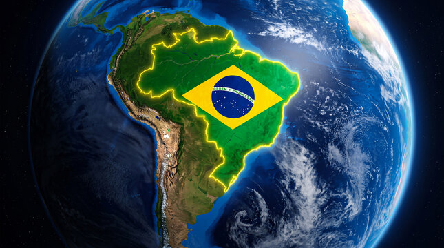 Brazil national flag on south american continent earth map with satellite