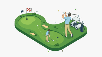 Fototapeta premium Clean Isometric of Two Golfers Playing on a Green Golf Course with Flags and Golf Carts with high quality professional line art symbols for modern creative design and digital branding projects