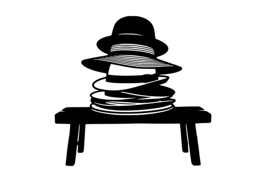 Minimalist black and white illustration of a stack of hats on a bench