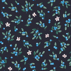 Fototapeta premium Blueberry seamless pattern hand drawn with watercolor. Simple design with watercolor blueberries. Wild berries digital paper. Summer berry repeating tile