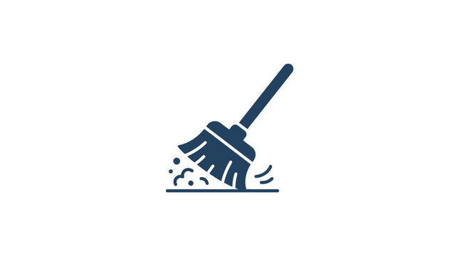 Blue broom icon sweeping dust for cleaning and hygiene.