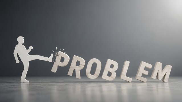 Business problem-solving concept showing wooden figure kicking and shattering stone 'Problem' text