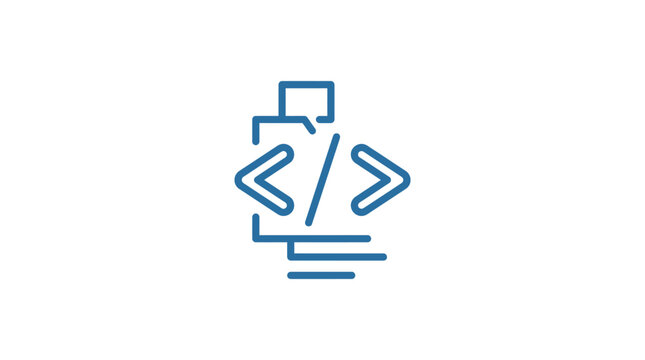 Blue coding brackets and text lines programming icon.
