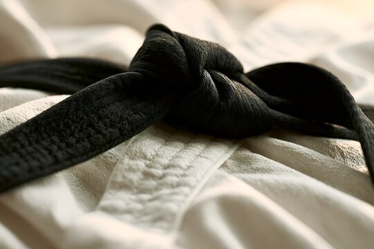 Black belt knotted on white gi fabric. 64k 8k widescreen, HDR