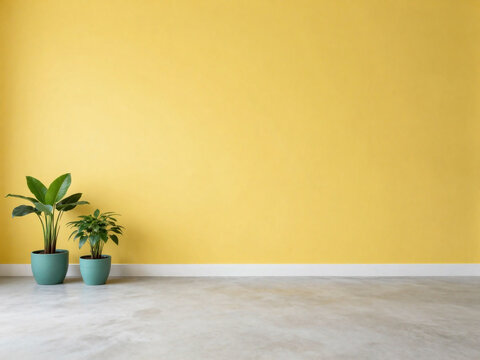 A minimalist interior scene features a bright, sunny yellow wall as the dominant backdrop