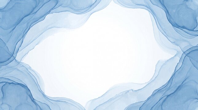 Abstract blue watercolor alcohol ink background with soft flowing waves and organic liquid textures surrounding a central white copy space frame area