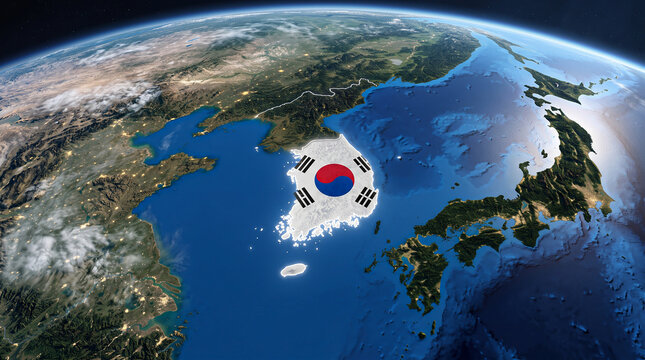 South korea flag on earth globe view with satellite geography continent