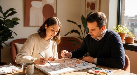 Fototapeta premium Couple painting together, enjoying creative hobby, indoor activity, warm natural light, modern decor