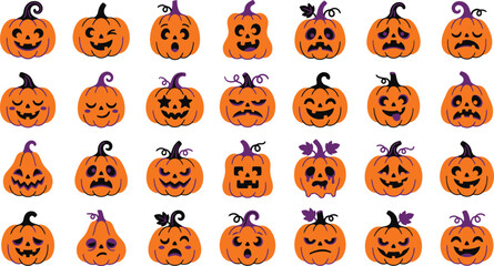 Naklejka premium Pumpkin Jack-o'-lantern Faces, Halloween Autumn Holiday Vector Icon Set