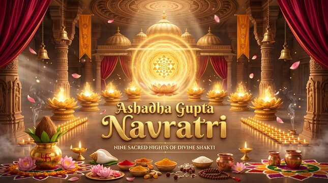 Ashadha gupta navratri celebration poster with sacred geometry with traditional offerings arranged floor