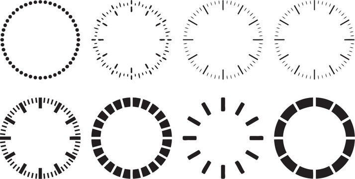 Set of eight minimalist clock face markers featuring varied tick patterns rendered as a clean black and white vector illustration