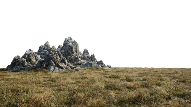 Rocky mountain formation in a dry grassy field isolated on transparent background