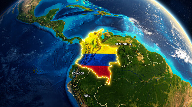 Colombia map shape with glowing national flag from space view, colombia