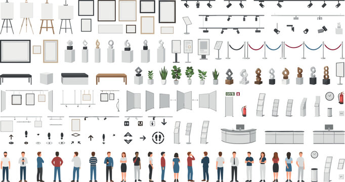 Art Gallery and Museum Exhibition interior Element Set with Picture Frames Sculptures Lighting Fixtures and Visitor People Figures for Architectural Layouts and Infographic Designs