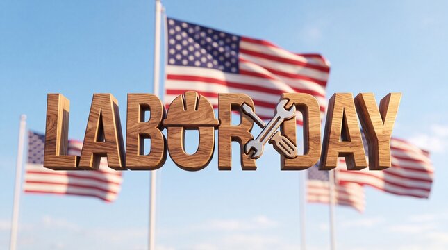 Labor Day celebration with wooden 3D text featuring a hard hat and tools against the backdrop of waving American flags in a blue sky landscape