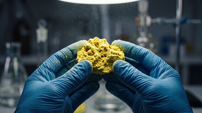 Scientist wearing blue nitrile gloves holding a piece of porous yellow mineral specimen in a laboratory setting with dust particles in the air