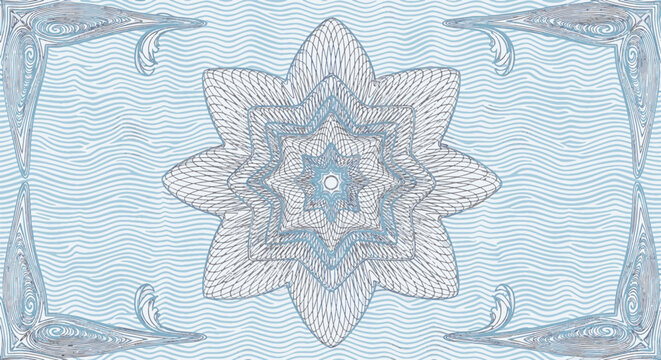 Light glacier blue guilloche pattern with complex central star rosette, security background wavy line art, decorative corner scroll elements for certificates or currency design.