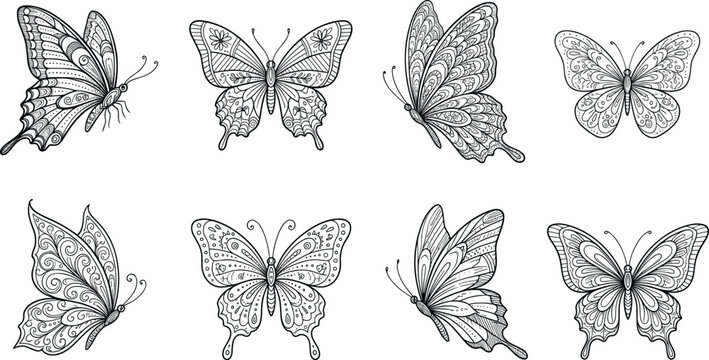 butterfly line art collection, detailed coloring page icons set, zentangle vector illustration.