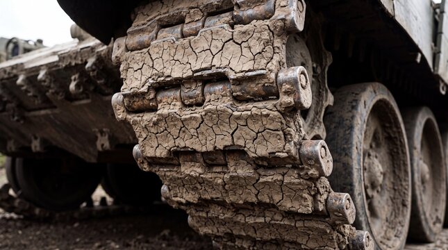 Close up view of heavy military tank tracks covered in thick dried mud and dirt on a rugged battlefield terrain during outdoor training
