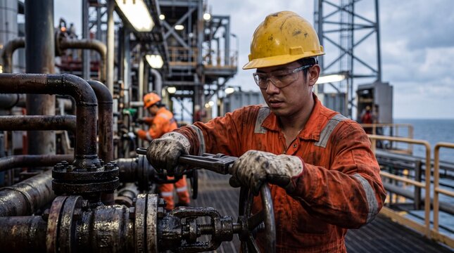 Male oil rig worker in orange jumpsuit and yellow hard hat using a large wrench to adjust valves on an offshore drilling platform in the ocean