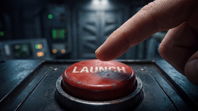 Close up of a human finger about to press a large red launch button on a metallic control panel in a futuristic high tech science fiction setting