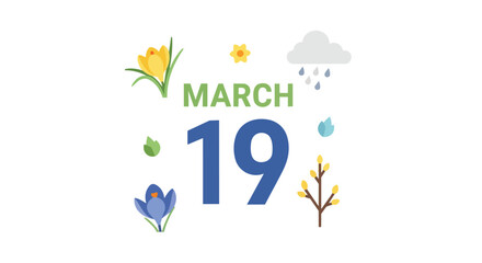 Fototapeta premium March 19 Calendar Date Illustration with Spring Flowers Rain Cloud and Blooming Nature Elements for Seasonal Design