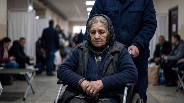 An elderly woman with a sad expression sitting in a wheelchair being pushed by a person in a blue uniform inside a crowded shelter or indoor facility