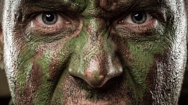 Extreme close up of a man with green camouflage face paint and weathered skin looking intensely into the camera with serious eyes