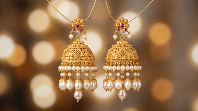 Pair of traditional Indian gold jhumka earrings with intricate filigree patterns and hanging pearls on warm bokeh background, festive jewelry, generative AI