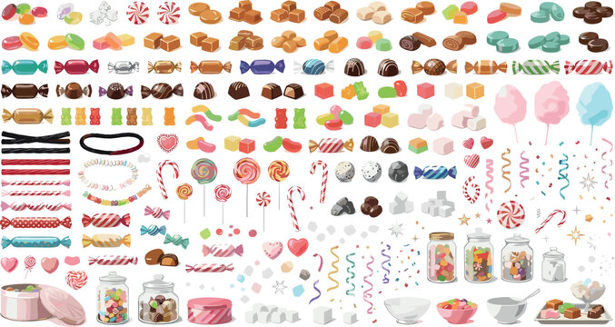 Colorful Candy and Sweet Shop Confectionery Vector Element Set Featuring Lollipops Cotton Candy Wrapped Sweets Caramels Chocolates and Glass Display Jars