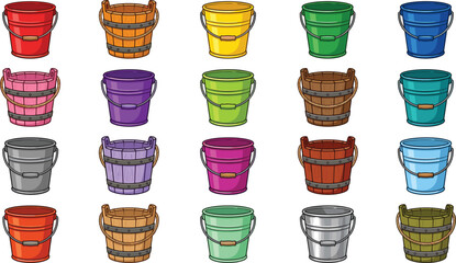 Set of colorful buckets, plastic and wooden pails collection, cartoon vector illustration © Jarin