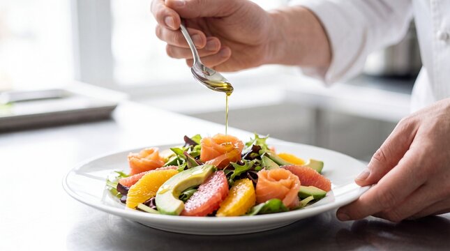 Close up of a chef drizzling olive oil from a silver spoon onto a fresh salmon salad with avocado, citrus, and mixed greens in a white plate
