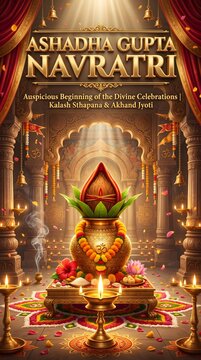 Ashadha gupta navratri religious festival celebration poster with kalash with decorated marigold garlands