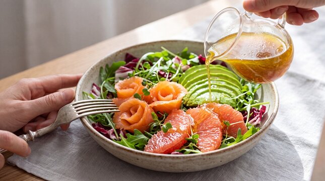 Close up of a person pouring golden vinaigrette dressing from a glass pitcher over a fresh salmon and avocado salad in a bowl with citrus fruit slices