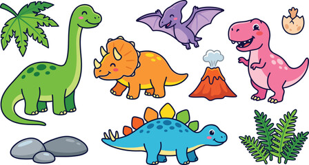 Obraz premium Cute Dinosaur Collection with Brachiosaurus Triceratops Tyrannosaurus Stegosaurus Pterosaur Volcano Palm Tree and Prehistoric Nature Vector Illustration Set