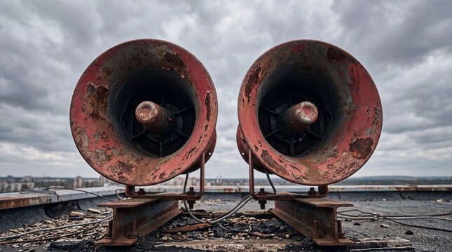 Two old rusty red public address horn loudspeakers mounted on a rooftop against a dramatic cloudy sky in an industrial urban landscape setting